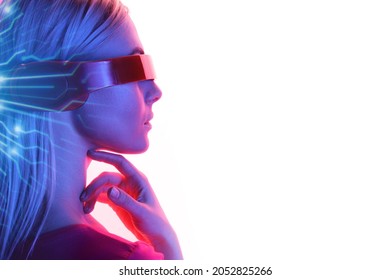 Double exposure of woman and futuristic holographic interface to display data. Female in futuristic costume using VR helmet. Augmented reality, future technology, game concept. White background.