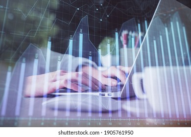 Double Exposure Of Woman Hands Typing On Computer And Forex Chart Hologram Drawing. Stock Market Invest Concept.