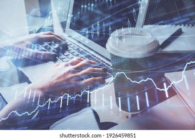 Double Exposure Of Woman Hands Typing On Computer And Forex Chart Hologram Drawing. Stock Market Invest Concept.