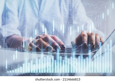 Double exposure of woman hands typing on computer and forex chart hologram drawing. Stock market invest concept. - Shutterstock ID 2114666813