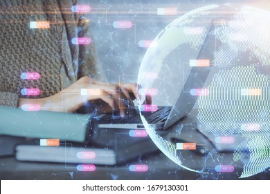 Double exposure of woman hands working on computer and world map hologram drawing. International technology business concept. - Shutterstock ID 1679130301