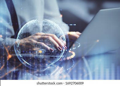 Double Exposure Of Woman Hands Working On Computer And World Map Hologram Drawing. International Technology Business Concept.