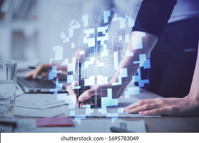 Double exposure of woman hands working on computer and data theme hologram drawing. Tech concept. - Shutterstock ID 1695783049