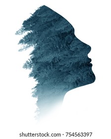 Double Exposure Of Woman In Profile And Forest.