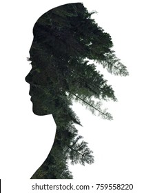 Double Exposure Of Woman In Profile And Forest.