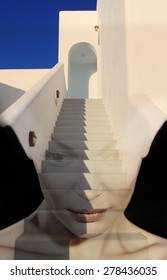 Double Exposure Woman And Stairs Leading Up