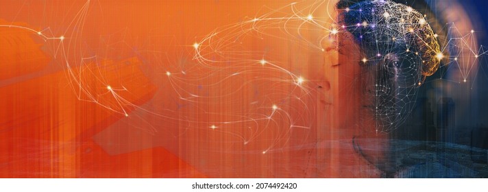 Double Exposure Of Woman Thinking With The Metaverse Universe,innovation Virtual Brain And Connection Lighting Brain And Brainstorming Concept