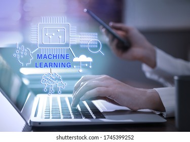 Double exposure of woman using laptop and machine learning model, closeup - Shutterstock ID 1745399252