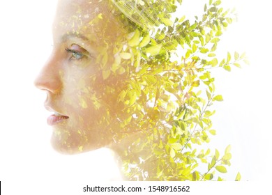 Double exposure woman's portrait with an ecological concept showcasing the beautiful feminine nature of plants - Powered by Shutterstock