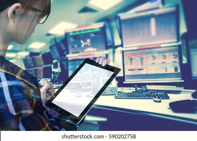 Double exposure of women Engineer in hipster shirt working with tablet in control room of oil and gas platform or plant industrial for monitor process, business and industry concept