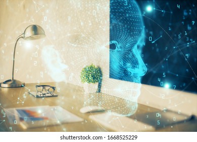Double exposure of work space with computer and human brain drawing hologram. Brainstorm concept.