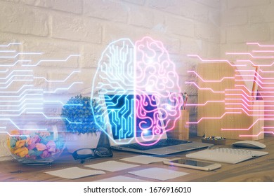 Double exposure of work space with computer and human brain drawing hologram. Brainstorm concept.