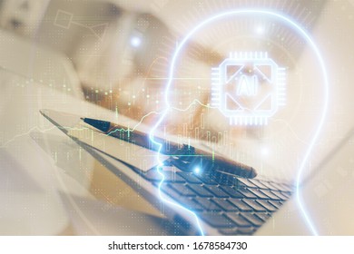 Double exposure of work space with computer and human brain drawing hologram. Brainstorm concept.
