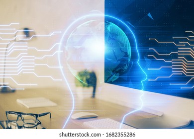 Double exposure of work space with computer and human brain drawing hologram. Brainstorm concept.