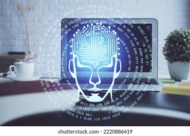 Double Exposure Of Work Space With Computer And Human Brain Drawing Hologram. Brainstorm Concept.