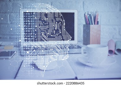 Double Exposure Of Work Space With Computer And Human Brain Drawing Hologram. Brainstorm Concept.