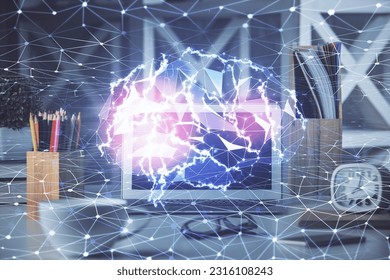 Double exposure of work space with computer and human brain drawing hologram. Brainstorm concept.