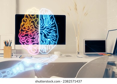 Double exposure of work space with computer and human brain drawing hologram. Brainstorm concept.