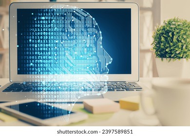 Double exposure of work space with computer and human brain drawing hologram. Brainstorm concept.