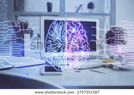 Double exposure of work space with computer and human brain drawing hologram. Brainstorm concept.
