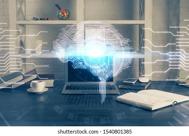 Double exposure of work table with computer and brain sketch hologram. Brainstorming concept.