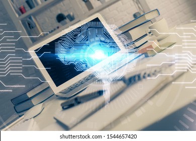 Double exposure of work table with computer and brain sketch hologram. Brainstorming concept.