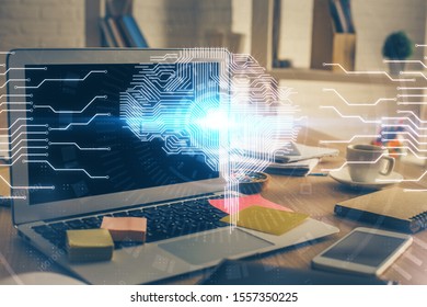 Double exposure of work table with computer and brain sketch hologram. Brainstorming concept.
