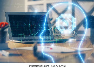 Double exposure of work table with computer and brain sketch hologram. Brainstorming concept.