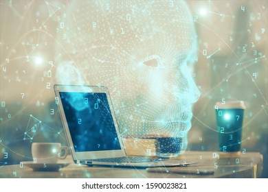 Double exposure of work table with computer and brain sketch hologram. Brainstorming concept.