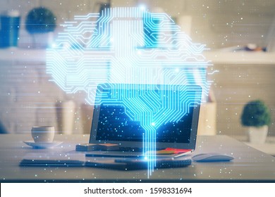 Double exposure of work table with computer and brain sketch hologram. Brainstorming concept.