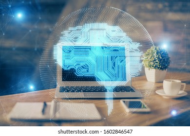 Double exposure of work table with computer and brain sketch hologram. Brainstorming concept.