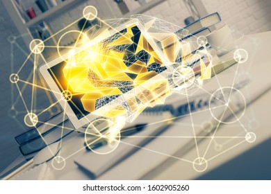 Double exposure of work table with computer and brain sketch hologram. Brainstorming concept.