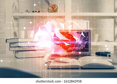 Double exposure of work table with computer and brain sketch hologram. Brainstorming concept.