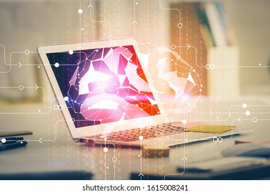 Double exposure of work table with computer and brain sketch hologram. Brainstorming concept.