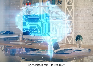 Double exposure of work table with computer and brain sketch hologram. Brainstorming concept.