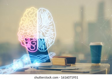 Double exposure of work table with computer and brain sketch hologram. Brainstorming concept.