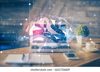 Double exposure of work table with computer and brain sketch hologram. Brainstorming concept.