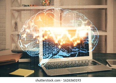 Double exposure of work table with computer and brain sketch hologram. Brainstorming concept.