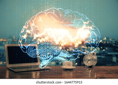 Double exposure of work table with computer and brain sketch hologram. Brainstorming concept.