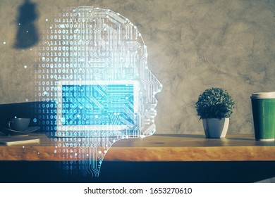 Double exposure of work table with computer and brain sketch hologram. Brainstorming concept.