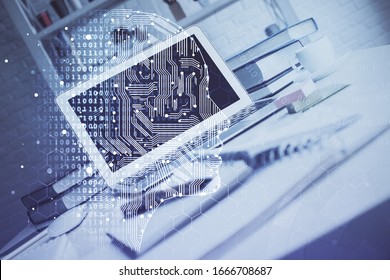 Double exposure of work table with computer and brain sketch hologram. Brainstorming concept.