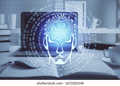 Double exposure of work table with computer and brain sketch hologram. Brainstorming concept.