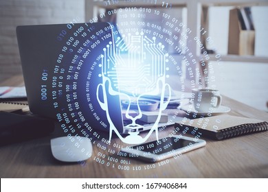 Double exposure of work table with computer and brain sketch hologram. Brainstorming concept.