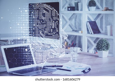 Double exposure of work table with computer and brain sketch hologram. Brainstorming concept.