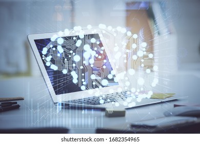 Double exposure of work table with computer and brain sketch hologram. Brainstorming concept.