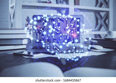 Double exposure of work table with computer and brain sketch hologram. Brainstorming concept.
