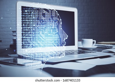 Double exposure of work table with computer and brain sketch hologram. Brainstorming concept.
