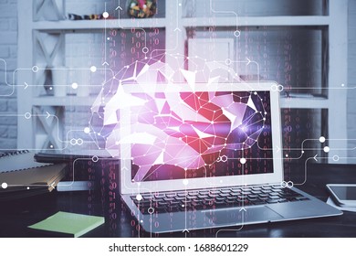 Double exposure of work table with computer and brain sketch hologram. Brainstorming concept.