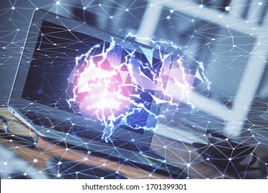 Double exposure of work table with computer and brain sketch hologram. Brainstorming concept.