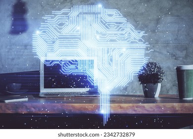 Double exposure of work table with computer and brain sketch hologram. Brainstorming concept.